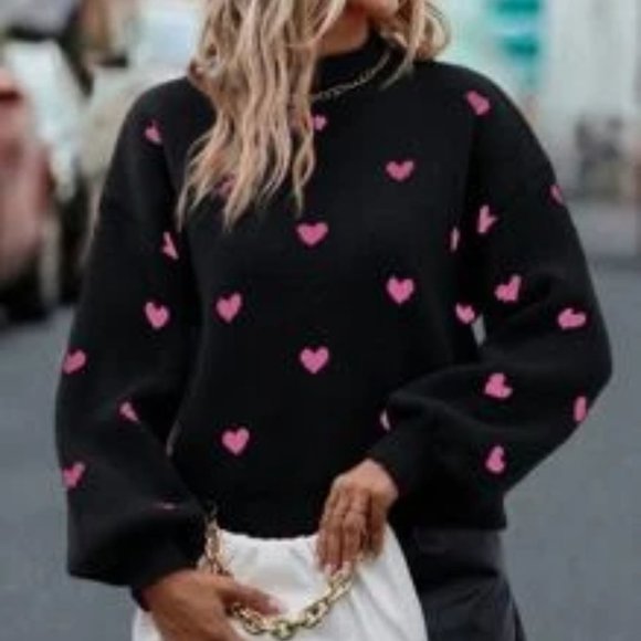 Black Casual Womens Heart Pattern Mock Neck Drop Shoulder Sweater - Picture 4 of 5